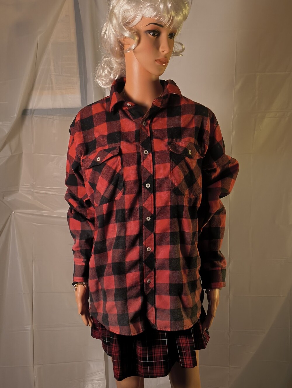 Upcycled KISS World Tour 77 Red Black Plaid Flannel Shirt Size L Rock Grunge